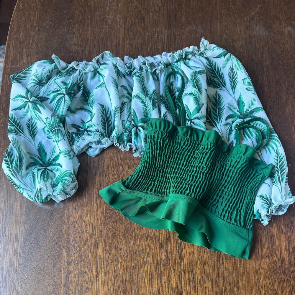 Green Palm Print Off-Shoulder Crop Top & tankini top